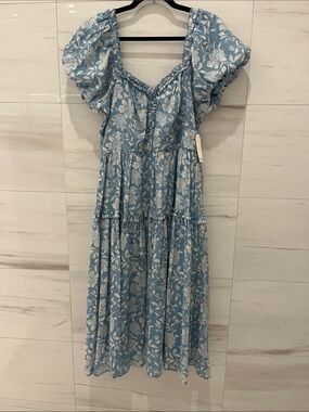 Light Blue Floral Puff-Sleeve Tiered Midi Dress